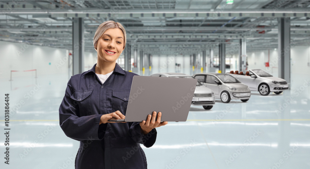 Fototapeta premium Female worker in a uniform holding a laptop computer in a garage