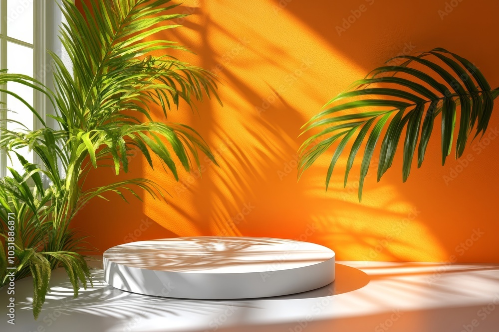 This mockup of new naturalism depicts a podium pedestal positioned on a sunny summer day with palm tree shadows against an earthy orange background. This mockup of new naturalism depicts a podium pedestal positioned on a sunny summer day with palm tree shadows against an earthy orange background.