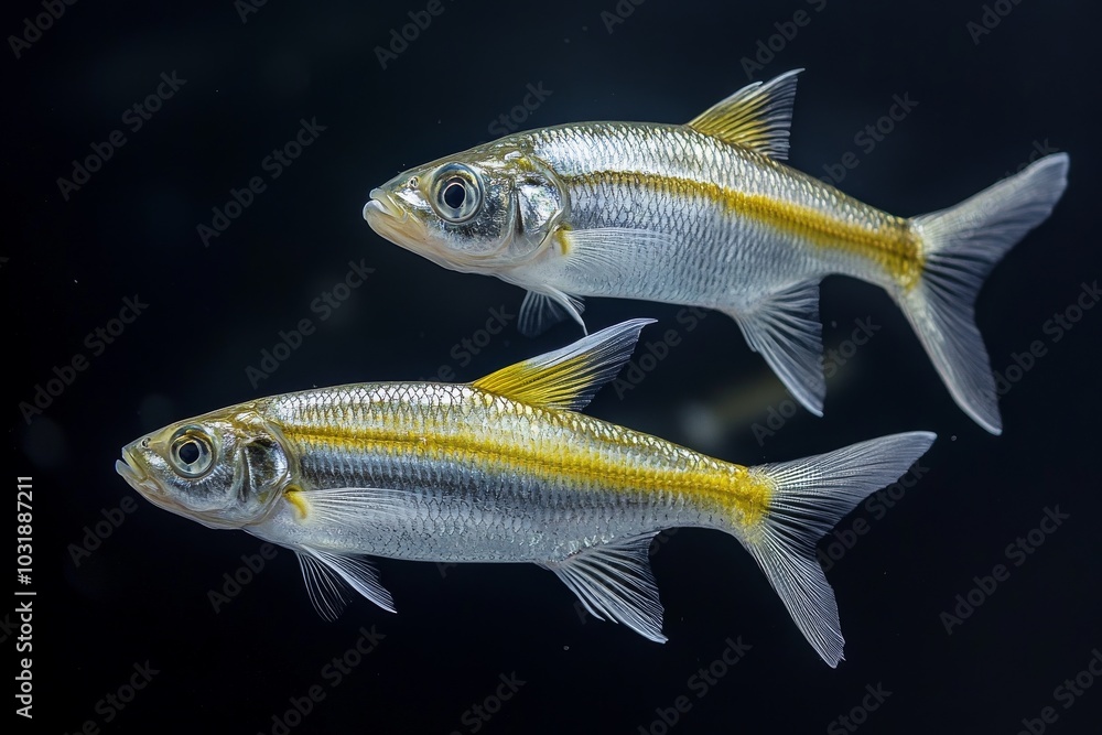 the beside view Threadfin Shad, left side view, white copy space on right, Isolated on dark Background the beside view Threadfin Shad, left side view, white copy space on right, Isolated on dark Background