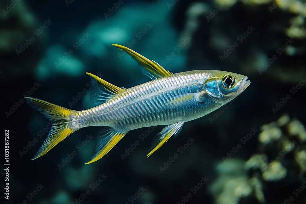 the beside view Threadfin Shad, left side view, white copy space on right, Isolated on dark Background the beside view Threadfin Shad, left side view, white copy space on right, Isolated on dark Background