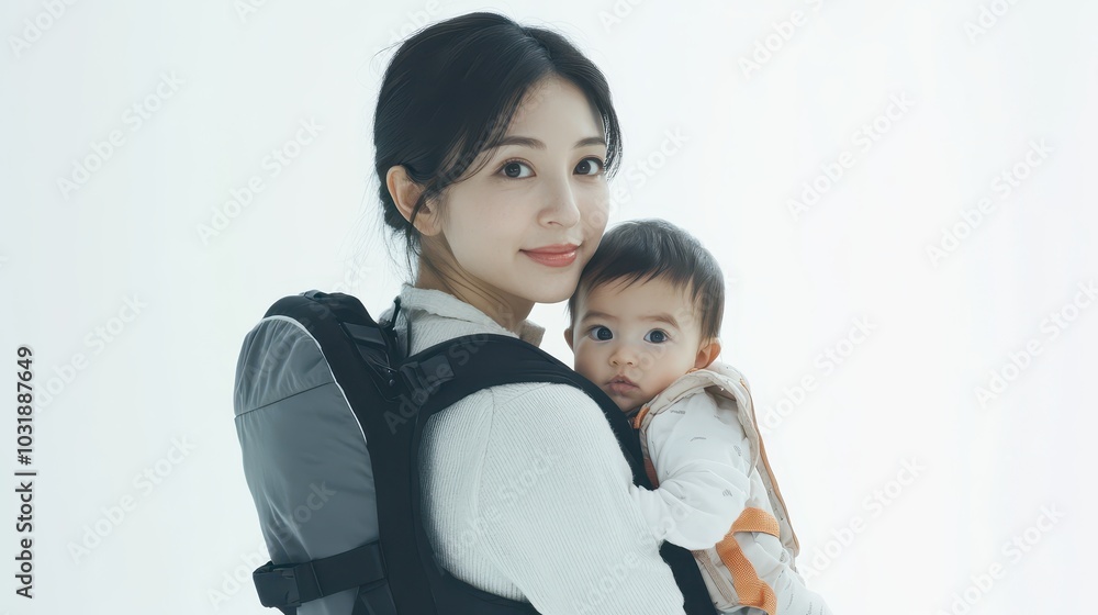 Asian mother holding baby in carrier, pure white background, modern parenting, onthego bonding Asian mother holding baby in carrier, pure white background, modern parenting, onthego bonding