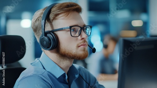 Professional Male Phone Operator in Call Center, ready to help and provide excellent customer service, communication, support, technology, business