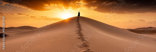  Person atop sand dune, sun sets behind, footprints imprinted in sand