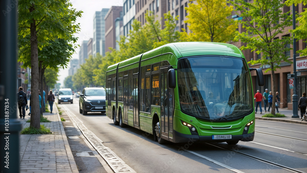 Fototapeta premium Modern green electric bus navigates tree-lined urban street, showcasing sustainable public transportation in a bustling city environment on a sunny autumn day
