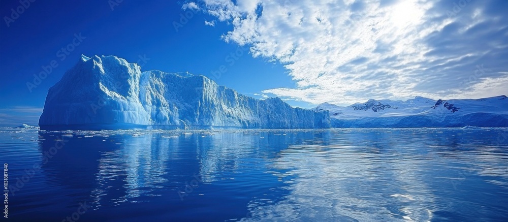 A massive iceberg floats in crystal clear blue water under a bright sky with fluffy clouds. A massive iceberg floats in crystal clear blue water under a bright sky with fluffy clouds.