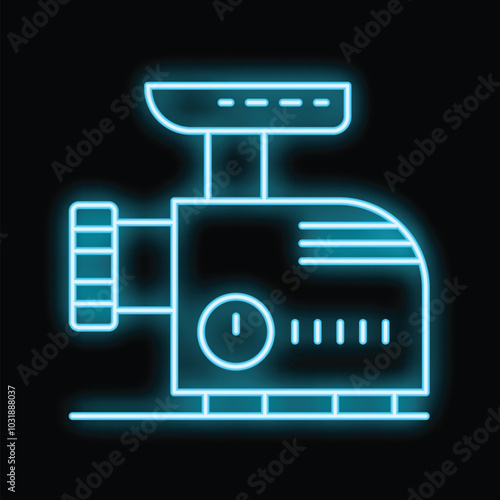 Glowing neon line electric meat grinder icon isolated on a black background vector illustration