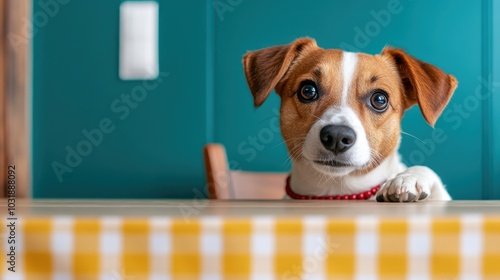 An adorable dog with a curious expression peeks over a table covered with a yellow checked tablecloth, creating a cheerful and playful scene. photo