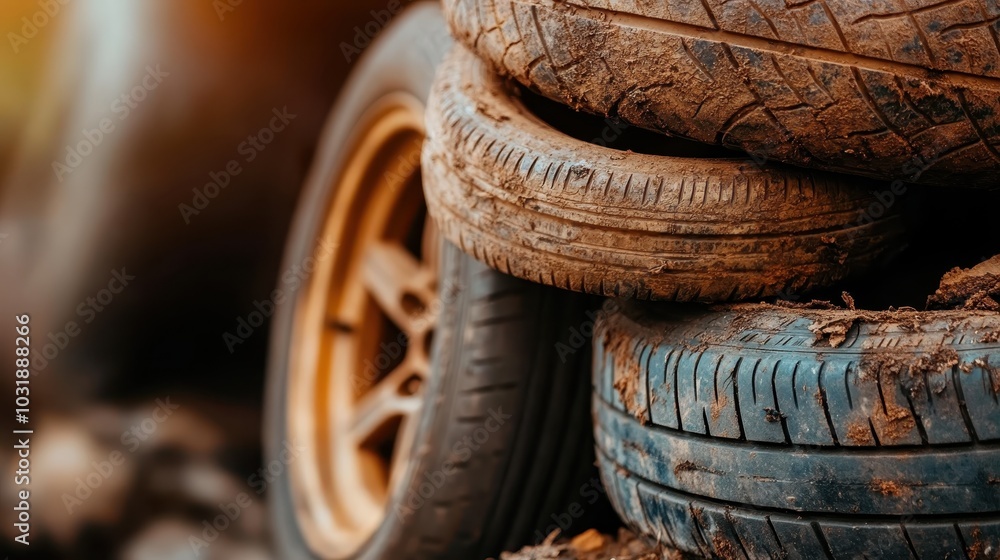A collection of mud-covered tires stacked for recycling, captured in warm sunlight, highlighting the cycle of use and renewal in an eco-friendly manner. A collection of mud-covered tires stacked for recycling, captured in warm sunlight, highlighting the cycle of use and renewal in an eco-friendly manner.