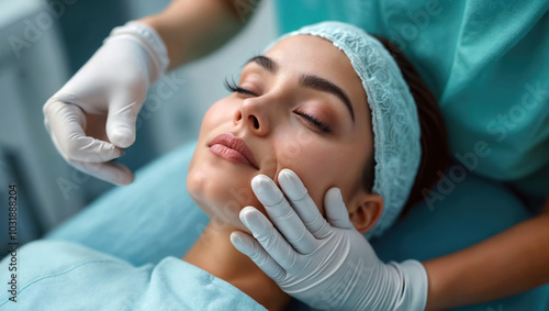 Young woman receives plasma skin tightening treatment. Aesthetician performs facial procedure using advanced technology. Patient relaxes during non-invasive beauty therapy.