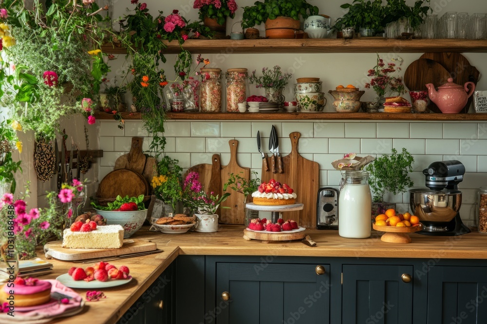 A quaint kitchen filled with charm. Colorful cakes and fresh fruits are displayed on a rustic wooden table. Plants and pottery create a warm atmosphere. Generative AI A quaint kitchen filled with charm. Colorful cakes and fresh fruits are displayed on a rustic wooden table. Plants and pottery create a warm atmosphere. Generative AI