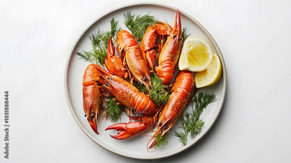 Boiled crayfish with dill isolated on white background. Boiled crayfish with dill isolated on white background.