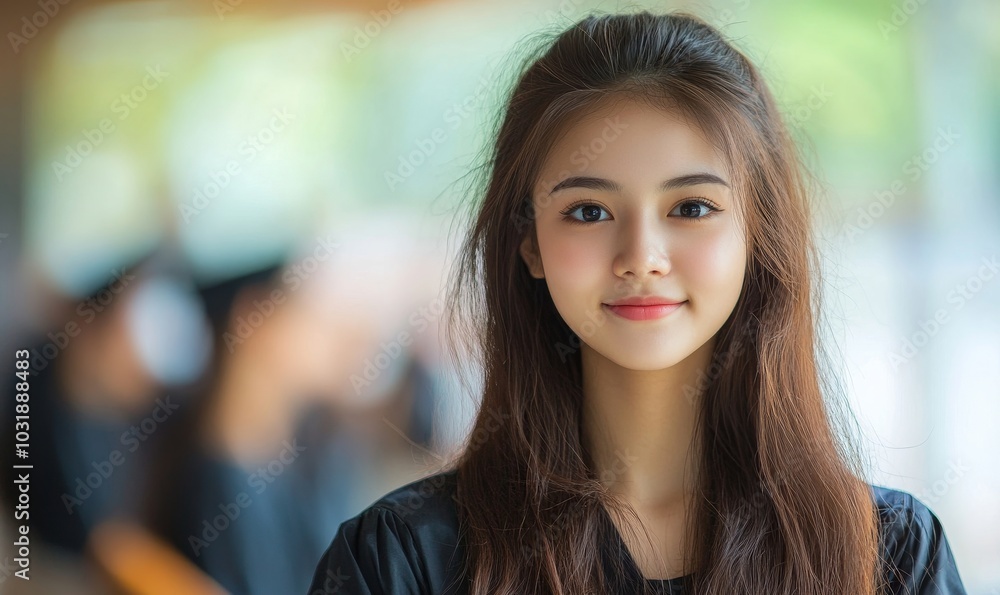 Portrait university student woman and portrait at campus for education University student concept, Generative AI