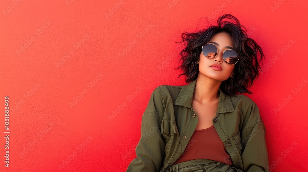 A stylish woman in a casual olive jacket and sunglasses poses relaxed against a vivid red background, capturing a chic urban fashion vibe. A stylish woman in a casual olive jacket and sunglasses poses relaxed against a vivid red background, capturing a chic urban fashion vibe.