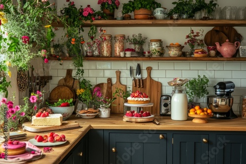 Wallpaper Mural A quaint kitchen filled with charm. Colorful cakes and fresh fruits are displayed on a rustic wooden table. Plants and pottery create a warm atmosphere. Generative AI Torontodigital.ca
