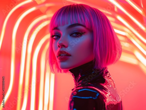 Young woman with futuristic outfit and wig in vibrant lighting