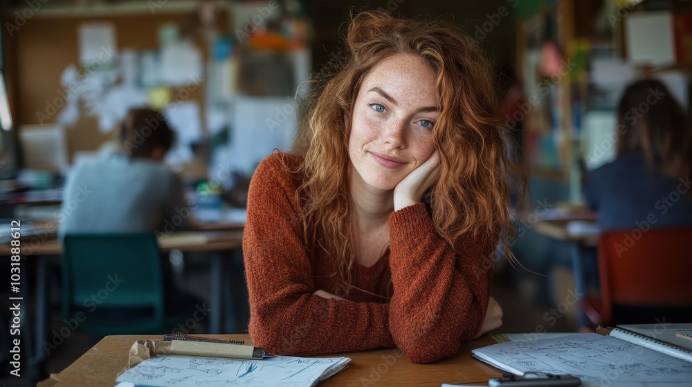 Red-haired student rests her chin on her hand, smiling playfully in a lively classroom environment, capturing the essence of youthful curiosity and engagement. Red-haired student rests her chin on her hand, smiling playfully in a lively classroom environment, capturing the essence of youthful curiosity and engagement.