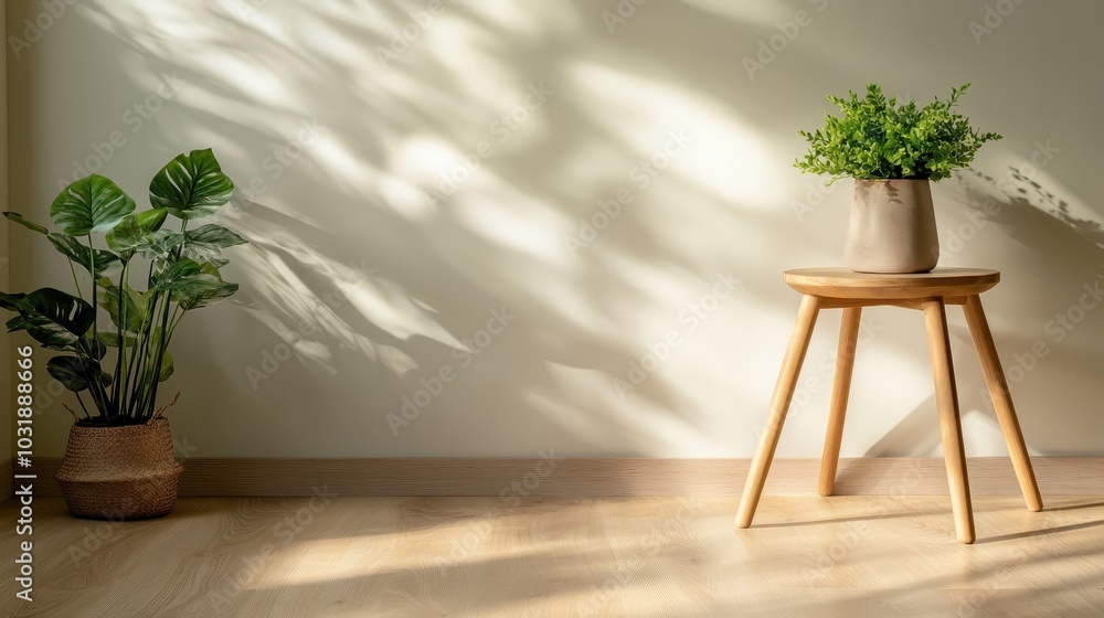 A serene light-filled room corner showcases a wooden stool holding a lush potted plant, with soft light and shadows creating a calm atmosphere. A serene light-filled room corner showcases a wooden stool holding a lush potted plant, with soft light and shadows creating a calm atmosphere.