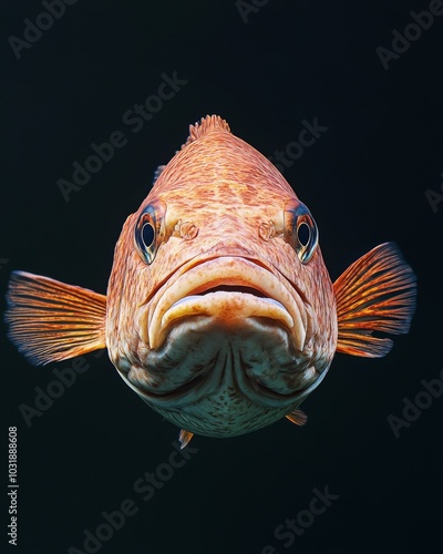 the Cubera Snapper, portrait view, white copy space on right, Isolated on black Background photo