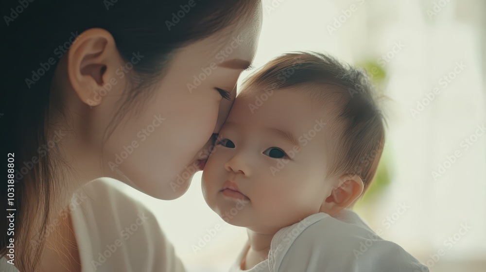 Asian mother gently kissing baby on forehead, pure white background, parenting tenderness, closeup Asian mother gently kissing baby on forehead, pure white background, parenting tenderness, closeup