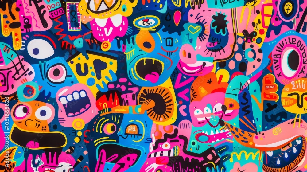 Vibrant Graffiti Artwork Featuring Abstract Faces and Patterns Vibrant Graffiti Artwork Featuring Abstract Faces and Patterns