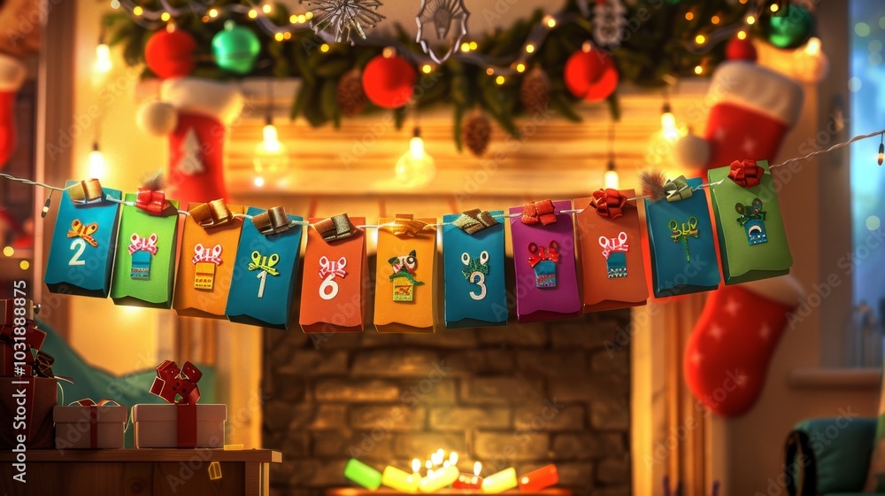 Fototapeta premium Advent Calendar Tags Hanging by Fireplace with Christmas Decorations