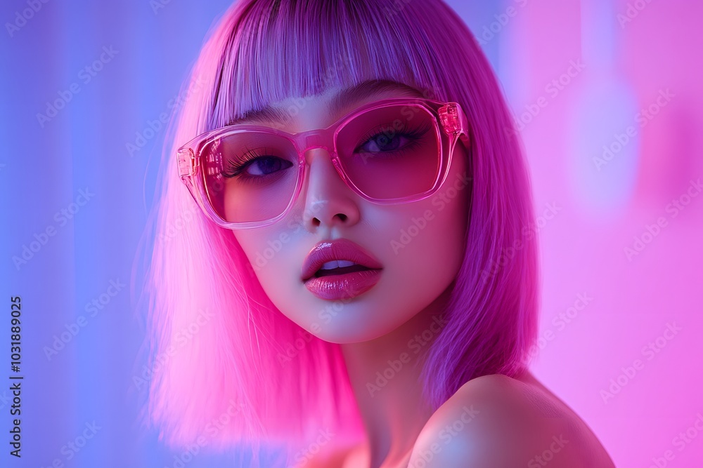 Young woman in wig and stylish glasses in vibrant lighting Young woman in wig and stylish glasses in vibrant lighting