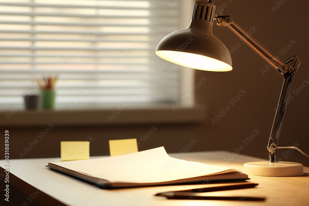 Obraz premium Desk with Lamp and Open Notebook - Home Office Workspace