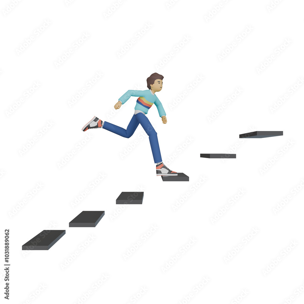 A young man running up the stairs. 3d illustration, 3d render A young man running up the stairs. 3d illustration, 3d render