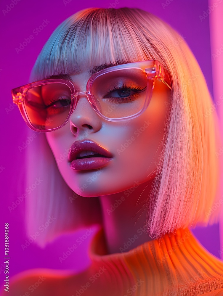 Portrait of stylish woman in wig and glasses in bold lighting Portrait of stylish woman in wig and glasses in bold lighting