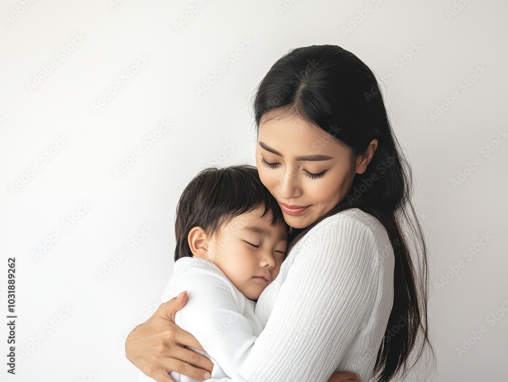 Asian woman hugging her sleeping child, pure white background, motherhood peace, serene connection Asian woman hugging her sleeping child, pure white background, motherhood peace, serene connection