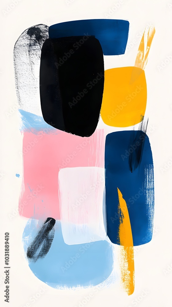 Fototapeta premium Minimalist Japandi art, shapes made of brush strokes, blue, pink, and yellow color blocks on a white background, watercolor painting