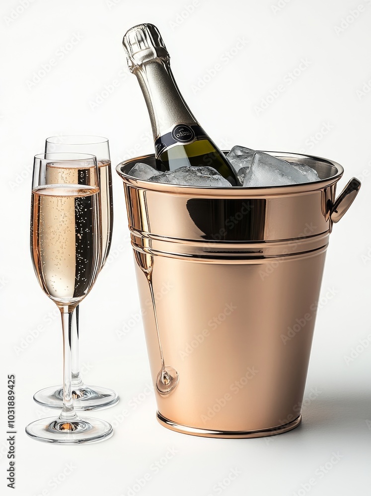 Glasses of champagne and champagne bottles in a bucket of ice, Glasses of champagne and champagne bottles in a bucket of ice,