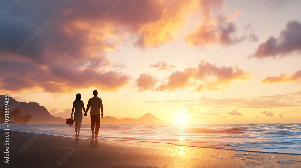 A side view of a couple taking a romantic stroll along the beach at sunset, holding hands as the sky turns pink and orange