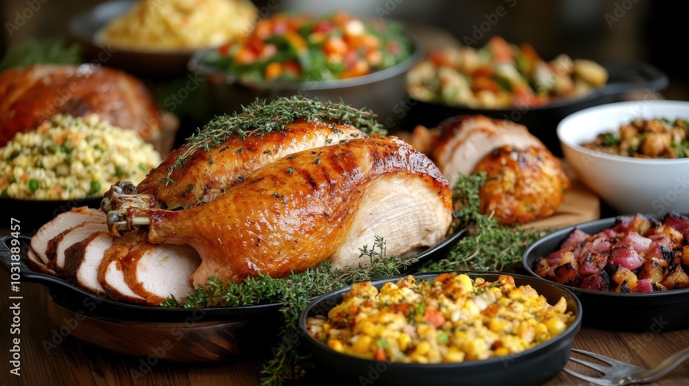 A sumptuous turkey meal featuring vibrant seasonal sides like corn and greens, delicately presented in a warm setting perfect for festive family celebrations. A sumptuous turkey meal featuring vibrant seasonal sides like corn and greens, delicately presented in a warm setting perfect for festive family celebrations.