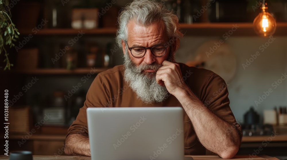 An elderly bearded man is working intently on his laptop in a warmly lit rustic room, exuding a sense of comfort, wisdom, and reflection in his cozy environment. An elderly bearded man is working intently on his laptop in a warmly lit rustic room, exuding a sense of comfort, wisdom, and reflection in his cozy environment.