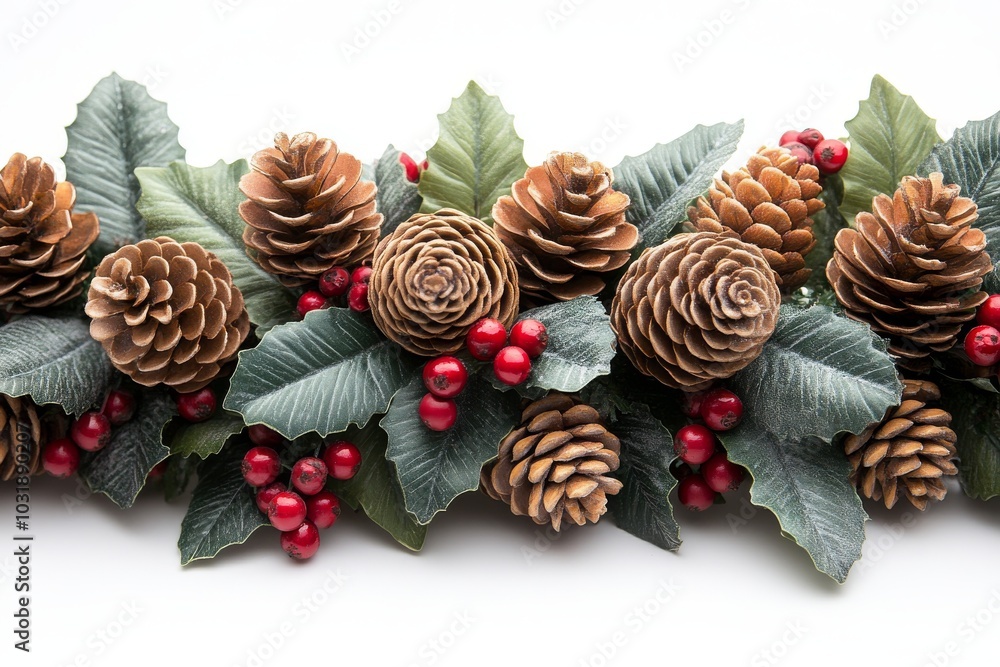 White garland with red berries and pine cones White garland with red berries and pine cones