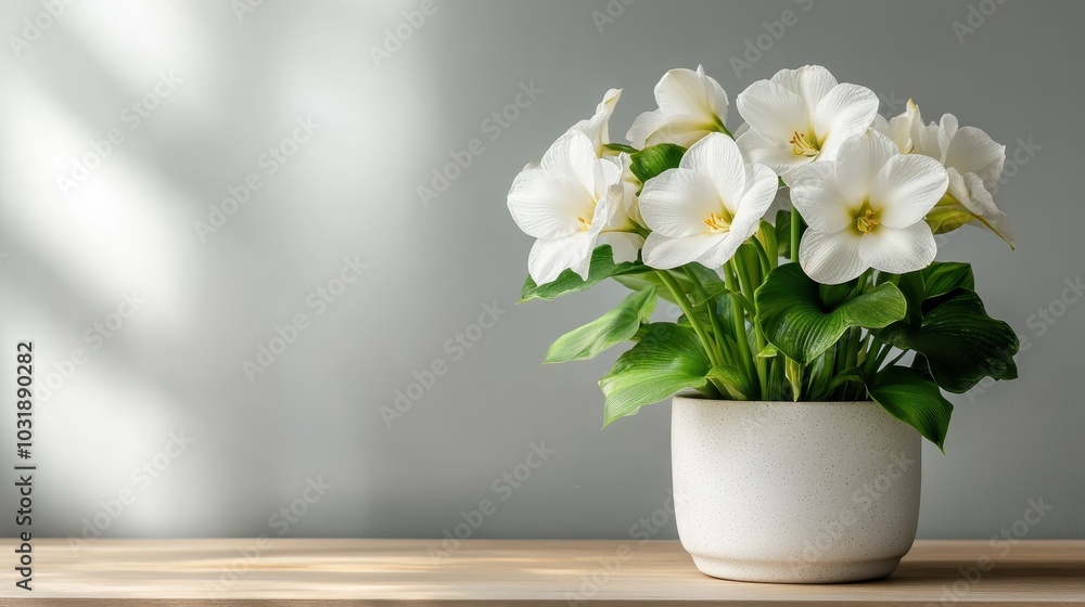 A beautiful bouquet of white lilies, set in a sunlit ceramic vase, displays natural elegance and freshness, bringing peace and harmony to any room decor. A beautiful bouquet of white lilies, set in a sunlit ceramic vase, displays natural elegance and freshness, bringing peace and harmony to any room decor.