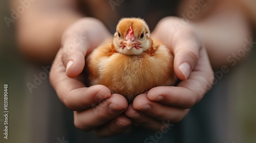 A tiny chick sits safely in the hands of a person, showcasing a heartwarming bond that highlights trust, protection, and the fragility of life in a gentle moment. photo