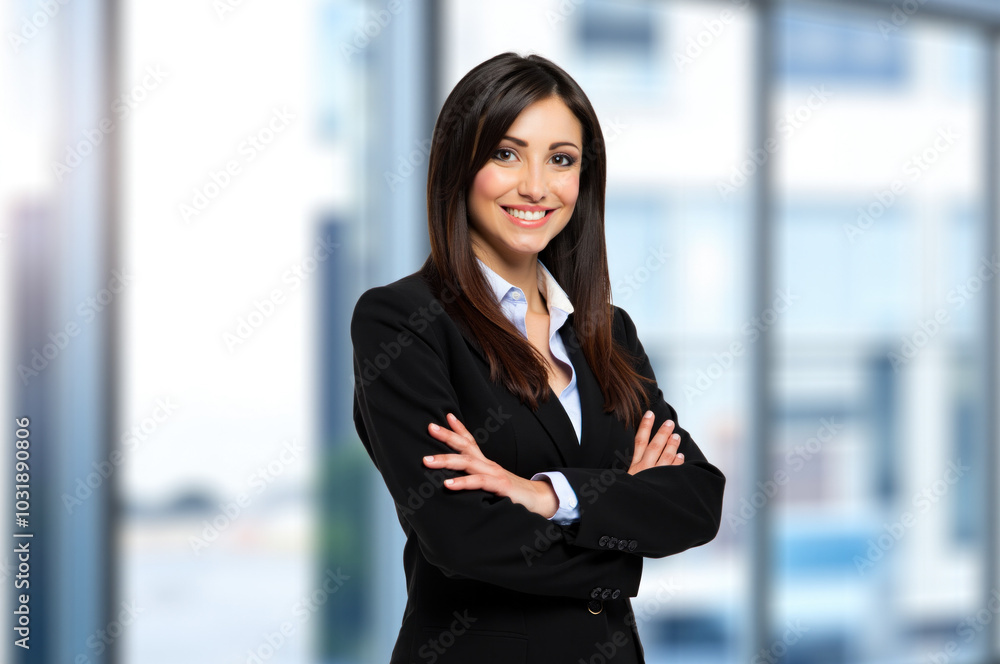 Smiling businesswoman posing with arms crossed in office building Smiling businesswoman posing with arms crossed in office building