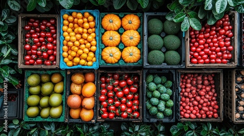 Top view of neatly arranged vibrant fruits and vegetables, including tomatoes, pumpkins, and melons, creating a colorful and fresh market display.