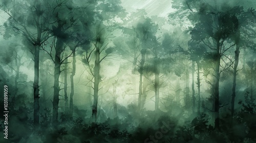 Misty Mountain Forest Landscape in Ethereal Blue Hues