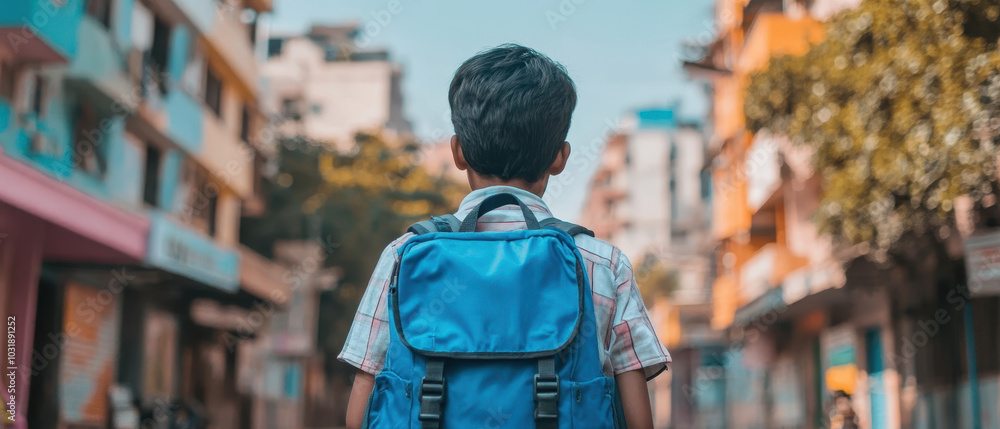 Walking towards school, young student with blue backpack navigates vibrant streets filled with buildings and greenery. scene captures essence of childhood and education Walking towards school, young student with blue backpack navigates vibrant streets filled with buildings and greenery. scene captures essence of childhood and education