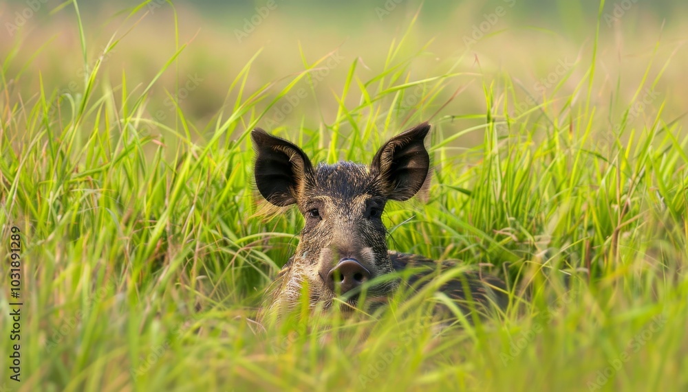 Curious Young Wild Boar in Flower Meadow Curious Young Wild Boar in Flower Meadow