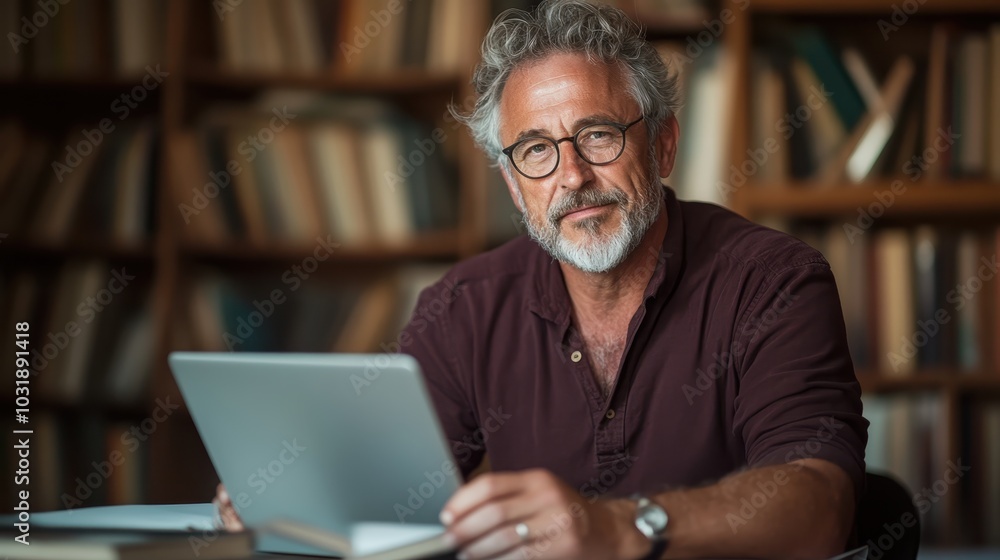 A scholarly setting envelops a mature bearded man absorbed in his laptop, surrounded by books and embraced by the warmth and intelligence of a library. A scholarly setting envelops a mature bearded man absorbed in his laptop, surrounded by books and embraced by the warmth and intelligence of a library.