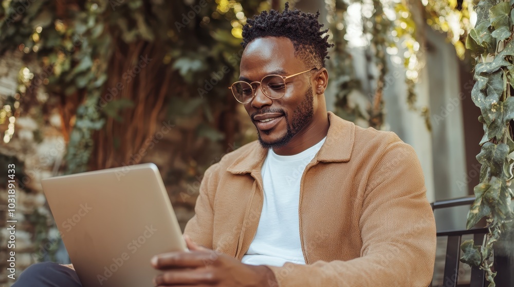A young man, wearing glasses and a brown jacket, is focused on his laptop in an outdoor environment with a backdrop of vibrant green foliage behind him. A young man, wearing glasses and a brown jacket, is focused on his laptop in an outdoor environment with a backdrop of vibrant green foliage behind him.