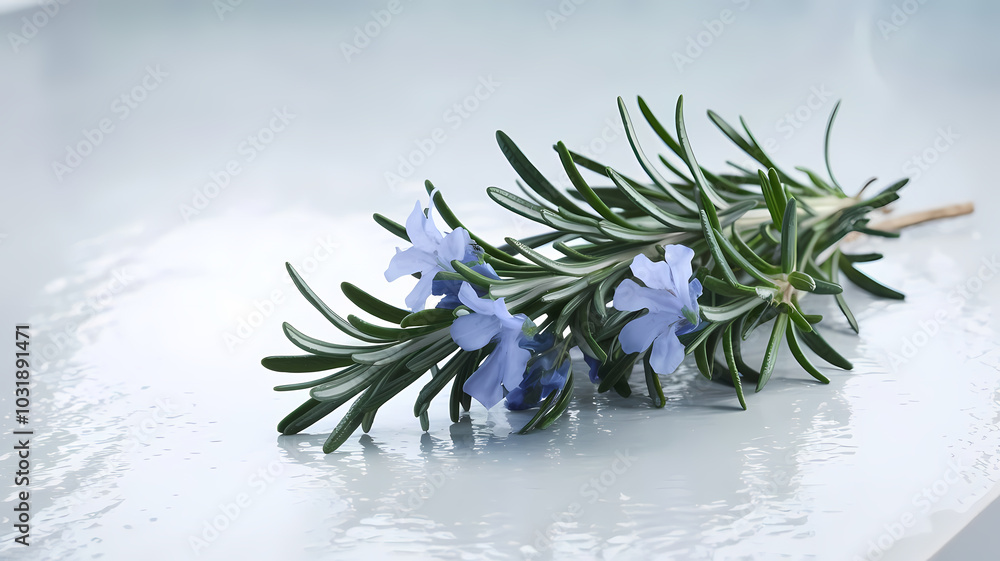 Fototapeta premium Fresh rosemary sprig with delicate purple flowers resting on a smooth surface, showcasing natural beauty and culinary appeal.