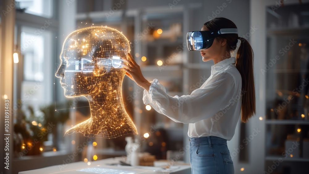 Exploring the Digital Frontier: A Woman Engages with a Futuristic Virtual Headset, Unraveling Layers of Information and Connectivity in a Modern Workspace Setting. Exploring the Digital Frontier: A Woman Engages with a Futuristic Virtual Headset, Unraveling Layers of Information and Connectivity in a Modern Workspace Setting.