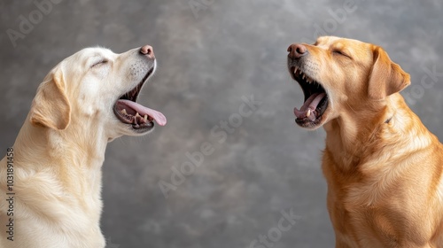 Two Labrador retrievers sit side by side with their mouths wide open in mid-yawn, set against a simple backdrop, showcasing their playful synchronization and energy.