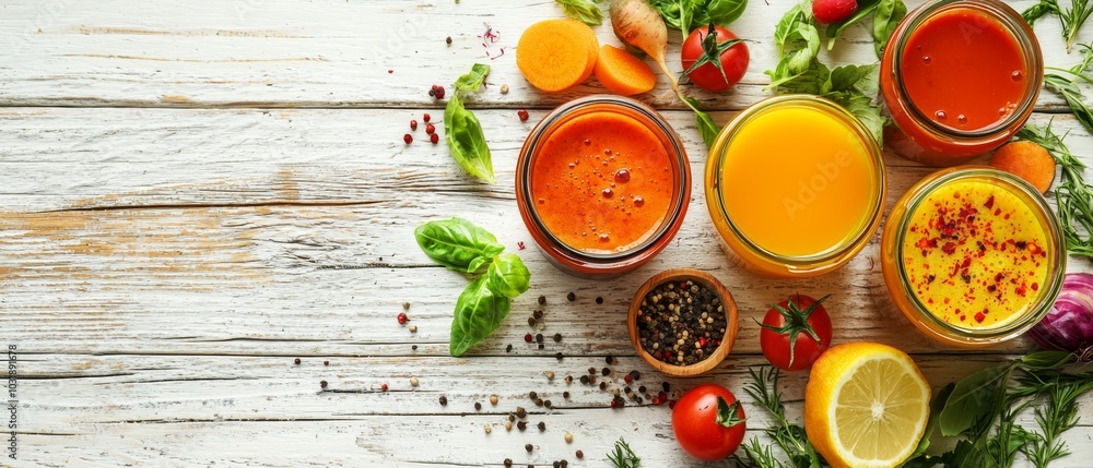 Fresh Assortment of Juices and Ingredients on White Wooden Background Fresh Assortment of Juices and Ingredients on White Wooden Background