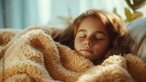 A serene girl is peacefully sleeping under a fluffy, cozy blanket in a sunlit room, embodying relaxation and warmth with soft lighting enhancing the scene's warmth.